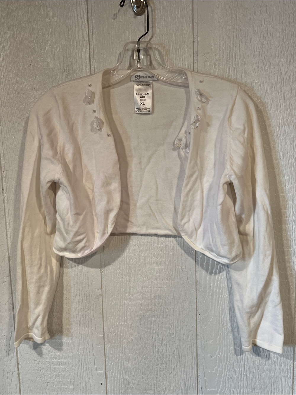 Girls Bonnie Jean White Knit Bolero with Neck Embellishment